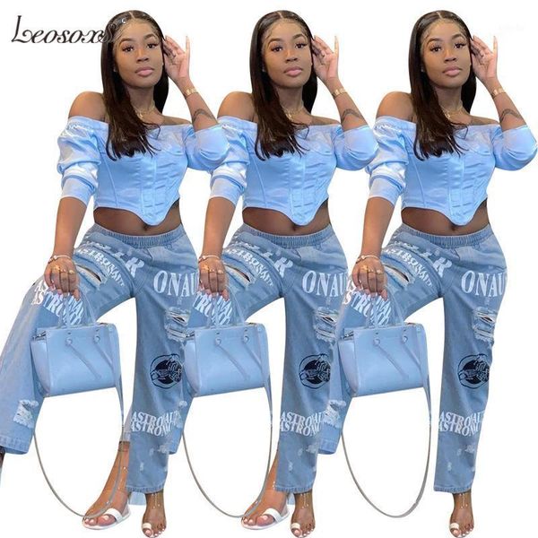 

2020 letter printing summer autumn women jeans casual loose mid waist denim pants trousers new pant jeans mujer s-2xl1, Blue