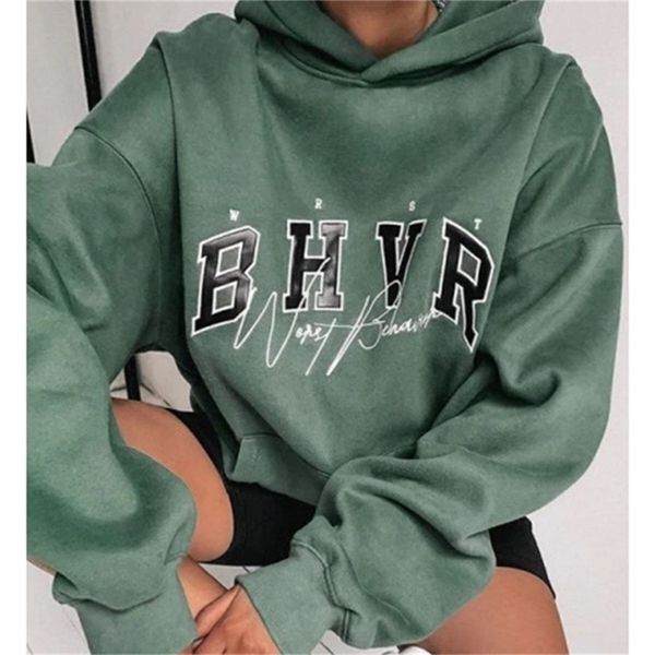 

green vintage letter printing hoodies women oversized sweatshirt loose casual autumn new fashion girls winter plus size 201208, Black