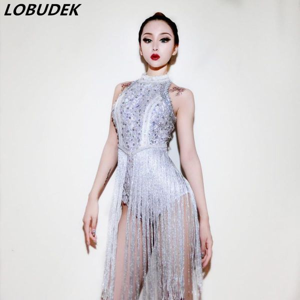 

sparkly rhinestones silver tassels sleeveless bodysuit female jazz dance costume nightclub singer dj stage performance bodysuits, Black;red