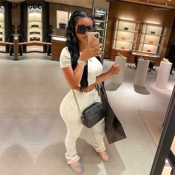 

two piece dress tsuretobe 2 set women crop and stacked pants summer clothes streetwear matching sets short sleeve club outfits female1, White