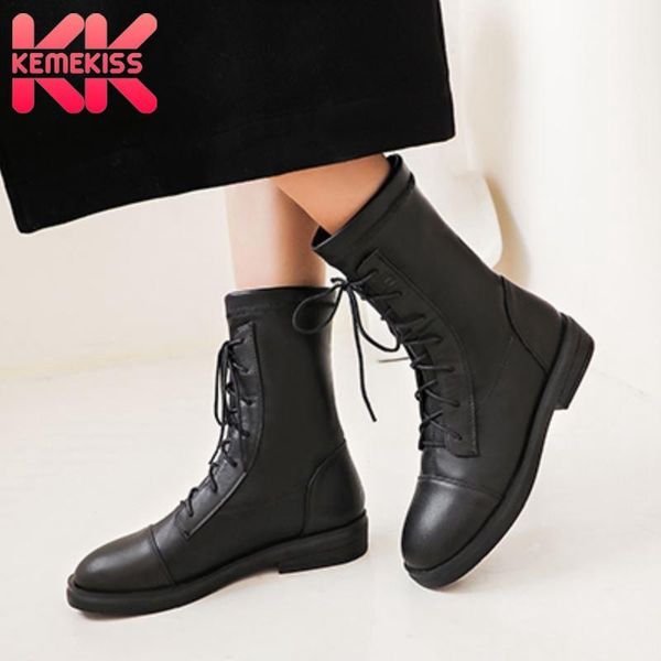 

boots kemekiss women ankle flats lace up round toe shoes pu winter warm fashion office footwear size 34-401, Black