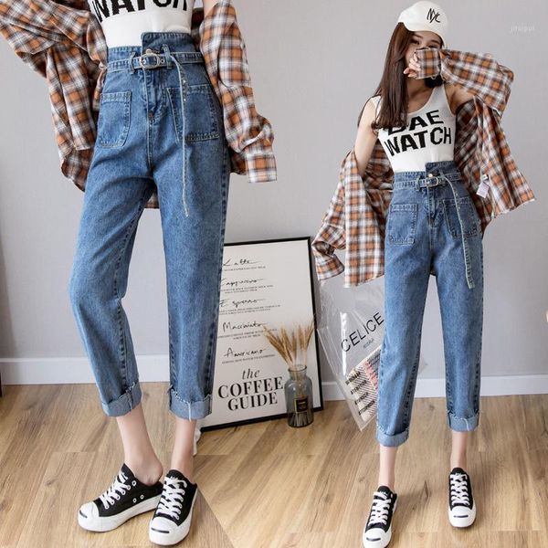 

net red straight capri jeans women summer 2020 new loose korean irregular high waist slimming daddy pants1, Blue