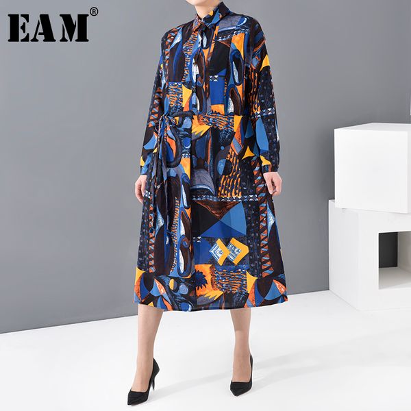 

[eam] women blue pattern printed big size shirt dress new lapel long sleeve loose fit fashion tide spring autumn 2020 lj201203, White;black