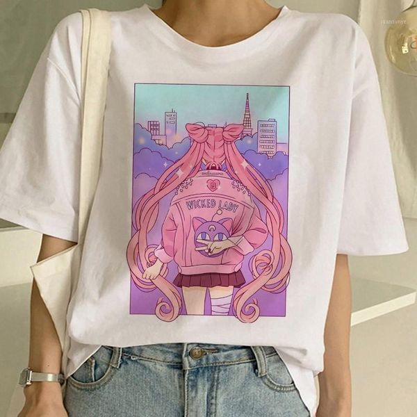 

sailor moon summer new fashion t shirt women harajuku short sleeve fun ulzzang t-shirt cute cat tshirt cartoon tees female1, White