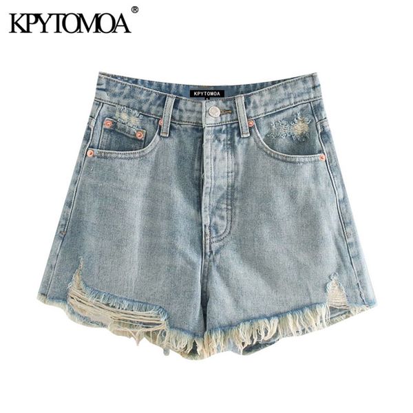 

kpytomoa women 2020 chic fashion ripped frayed denim shorts vintage high waist zipper fly pockets female short jeans mujer 1017, Blue