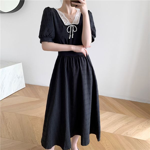 

2021 New Red the Vintage Beads V-cleavage Double Dress with Short Sleeves, Black Retro Long, Front and Rear Two Twin-style RFXI, Black;gray