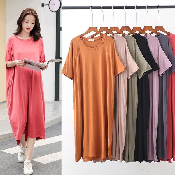 

women's nightshirt plus size sleepwear modal o-neck short sleeve nightdress nightgown casual home dress night dress nightie1, Black;red