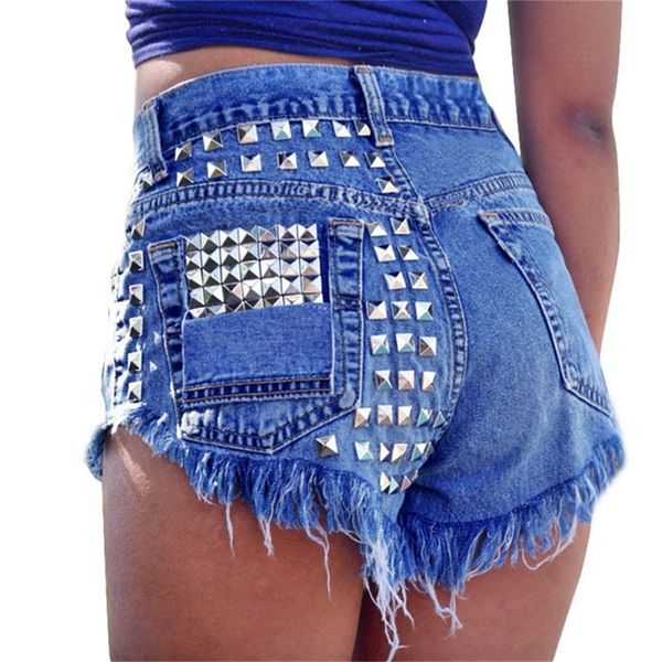

2020 denim shorts for women high waist ripped rivet hole jeans distressed cutoff shorts lj200815, White;black