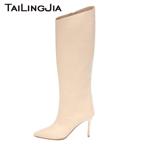

boots 2021 women pointed toe beige knee high stiletto heel long boot female shoes with zipper inside black winter