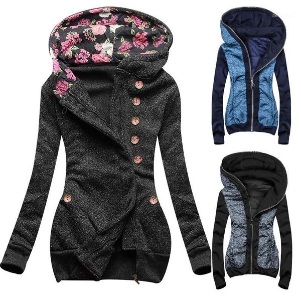 

women floral long hoodies sweatshirt autumn casual coat zip up outerwears hooded jacket winter pockets plus size outwear #t2q1, Black;brown