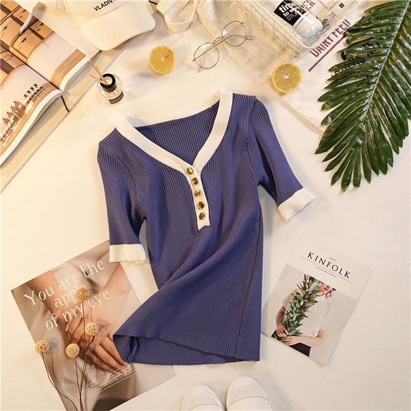 

heliar buttoned up t-shirt women v-neck knitting tees with ladies fashion solid t-shirt short sleeve 2020 summer tees women1, White