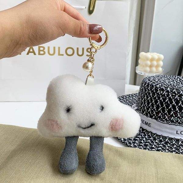 

fashion cute real wool fur little cloud plush keychain chain pendant women bag charms pompom ball car keychain key ring metal, Silver