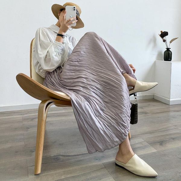 

ewq] 2020 spring and summer new high waist solid color pleated women skirt korean style elastic waist ladies clothing qx8951, Black