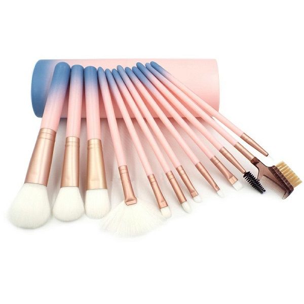 

makeup brush set with pink gradient plastic box 12pcs a set for foundation powder eyeshadow eyeliner lip highlighter cosmetic make up tools