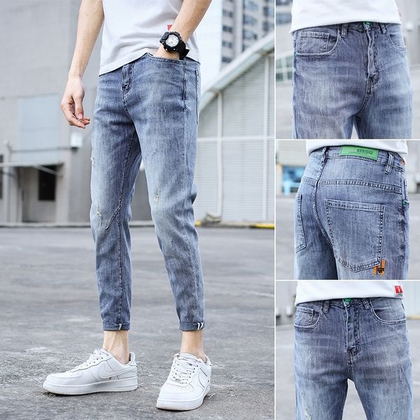 

3ahrn jiufen men's spring fashion and jeans slim fit korean elastic brand jeans fashion youth broken hole casual light legged pants man, Blue