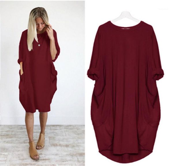 

fashion designer new pocket long sleeve dress clothing female solid color round neck large size dresses women casual loose dress, Black;gray