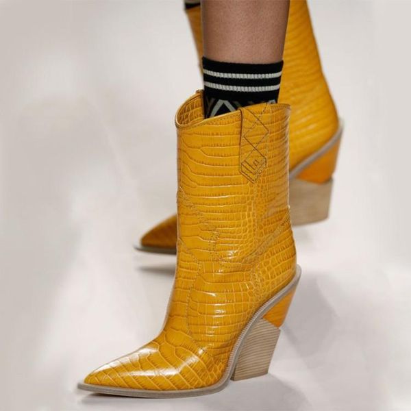 

2020 new fashion embossed pu leather women booties pointed toe cowboy boots women mid-calf wedges high heels runway boots, Black