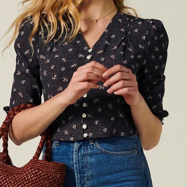 

summer women's shirt casual flower print shirt1, White