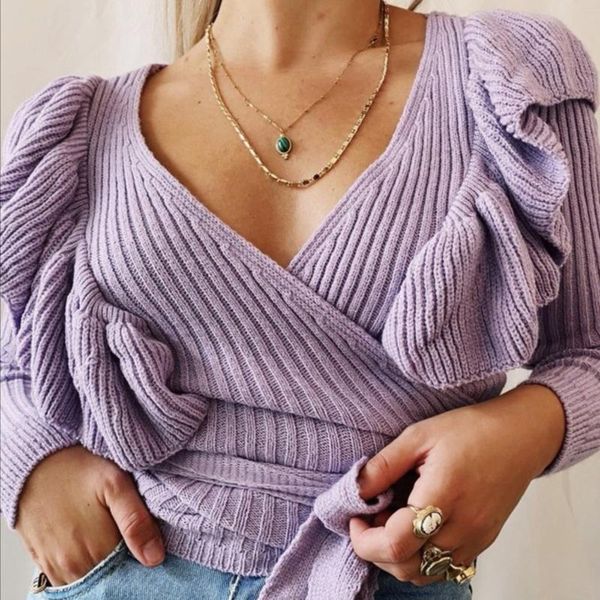 

women's knits & tees 2021 autumn and winter models strap slim solid color knitted cardigan long sleeve v-neck ladies sweater, White