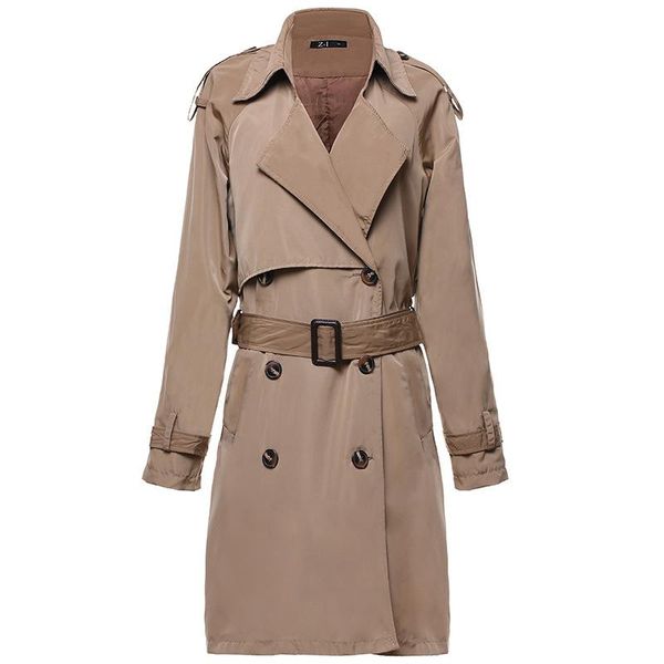

fashion autumn winter woman classic double breasted trench coat casual turn-down collar button lace up long outerwear, Black