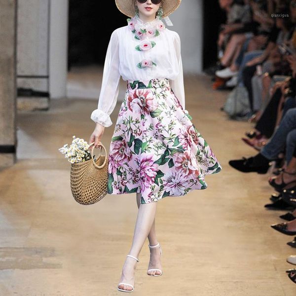 

new three dimensional flower perspective white long sleeve shirt +pink printed skirt women's skirt set 200703ul031