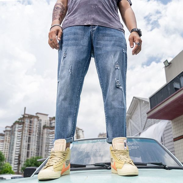 

trendy big men and jeans's wear fall ripped jeans baggy oversized capris elastic harem jeans for men oc6fb, Blue