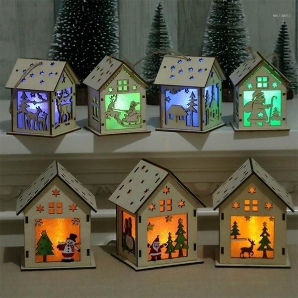 Decorazioni natalizie 7 stili Led Light Snow House El Bar Albero Ornamenti appesi Lampada in legno Regalo fai da te Finestra D1