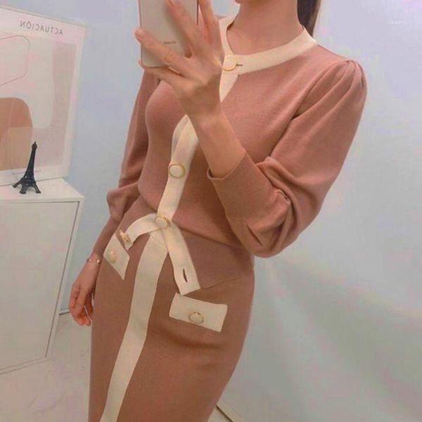 

2021 autumn korean knitted color-blocked two piece sets women long sleeve cardigan + elastic waist long skirt suits outfits1, Gray