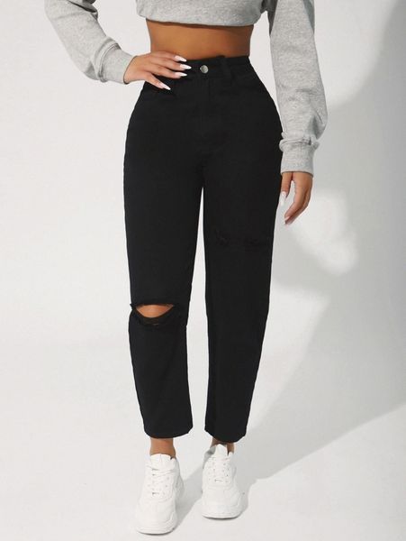 

petite solid high waist ripped jeans e8pj#, Blue