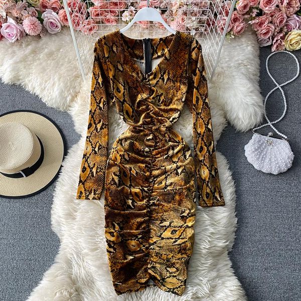 

pleated bodycon mini dress women elegant snake printed v-neck long sleeve club party vestidos female spring autumn fashion, Black;gray