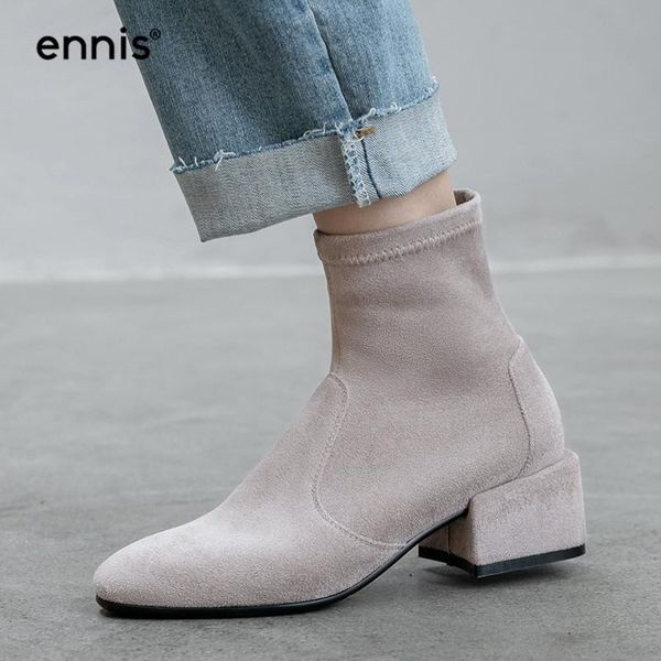 

ennis 2020 autumn flock stretch womens boots thick heel ankle boots winter shoes fashion ladies booties black brown gray a966