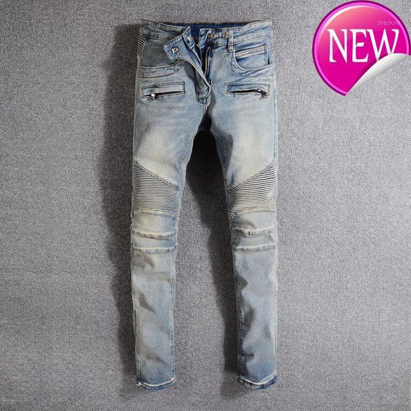 

classic vintage men's blue stretch denim biker jeans for moto plus size patchwork slim fit pants1