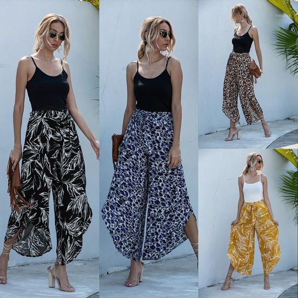 

women casual print wide-leg pants1, Black;white