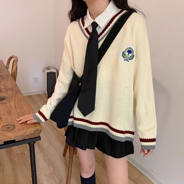 

осень зима новый сыпучие wild твердая свитер японский опрятный стиль v шеи с длинными рукавами вязать пуловер для женщин, White;black