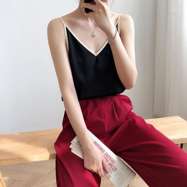 

new arrival silk v neck tank summer chic patchwork hit color female camis korean casual 1, White