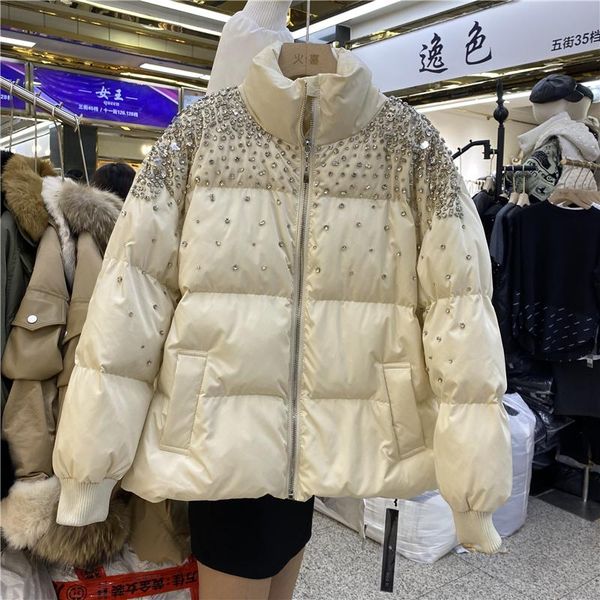 

2020 autumn winter jackets outwear sweet shoulder rhinestones warm coat women stand-up collar cotton-padded coats jacket femme, Black