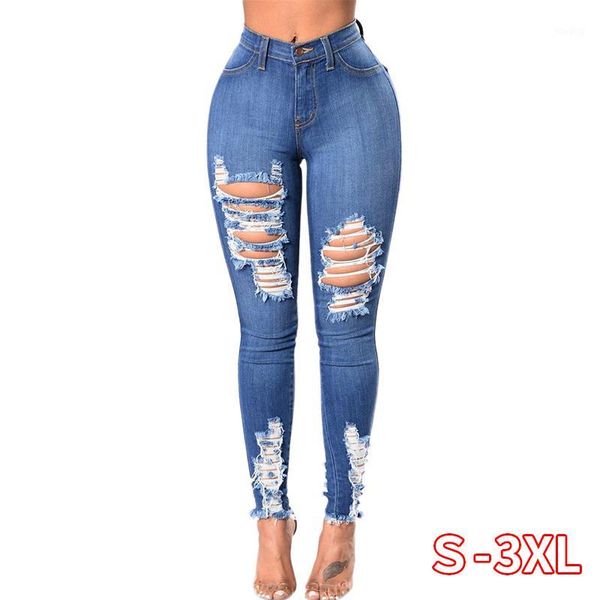 

hole female high waist pencil jeans fashion women pocket skinny slim trousers blue ripped denim stretch pants 2xl1