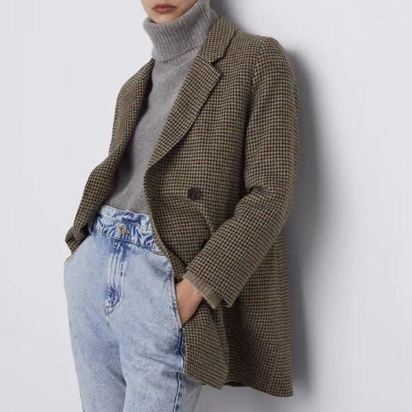 

malina fashion turn down collar wool coats women elegant double breasted jackets women plaid front pockets coats ladies1, Black