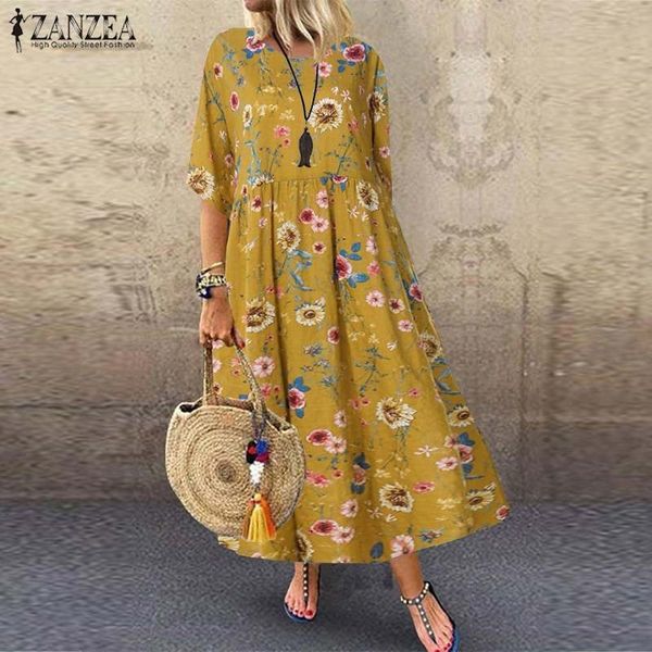 

vintage printed maxi dress women's summer sundress zanzea casual tunic vestidos female half sleeve floral robe plus size t200619, White;black