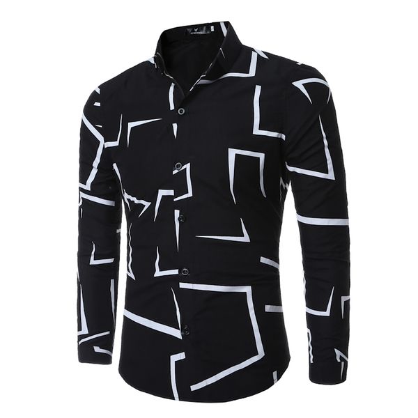 

men shirt brand fashion casual slim geometric print long sleeve shirt men business social white clothes y200104, White;black