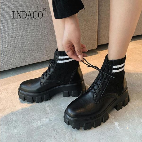 

women boots winter leather thick bottom ankle boots patchwork height increasing white platform lace up shoes autumn, Black