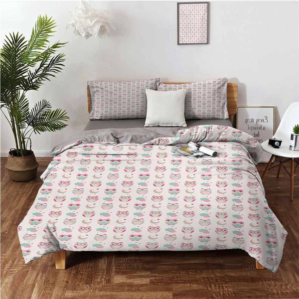 

owls in night time crescent moon stars sleepy animals funny cartoon pattern artbedding 3-piece set