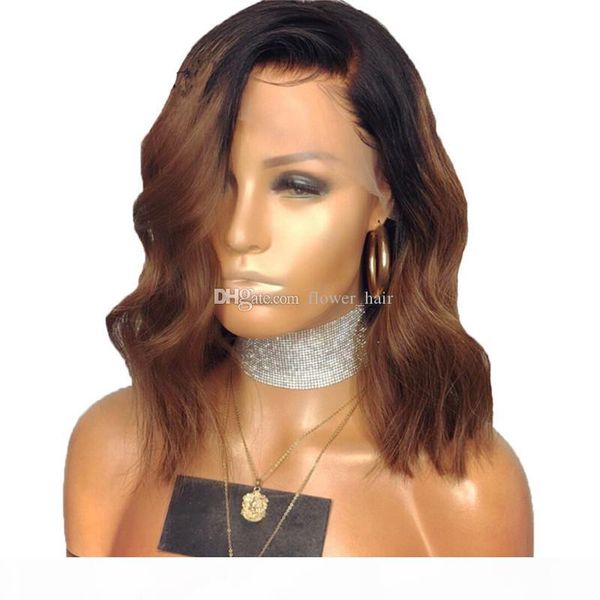 

short bob wavy virgin hair full lace front wig middle part 16inch 1b# 30# ombre blonde brazilian human hair wig with baby hair, Black;brown