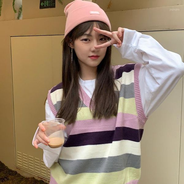 

rainbow striped knitted vest women v-neck sweet pink loose jumpers warm vintage korean pullovers casual waistcoat autumn w2301, White;black