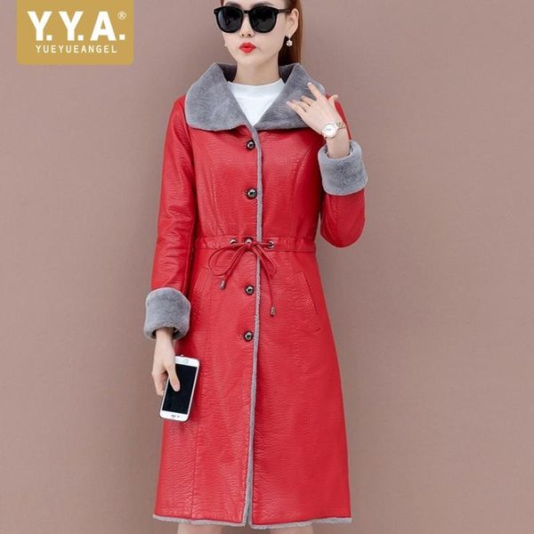 

women's leather & faux pu long jacket women 2021 autumn winter fashion fleece warm coat single breasted office lady outerwear plus size, Black
