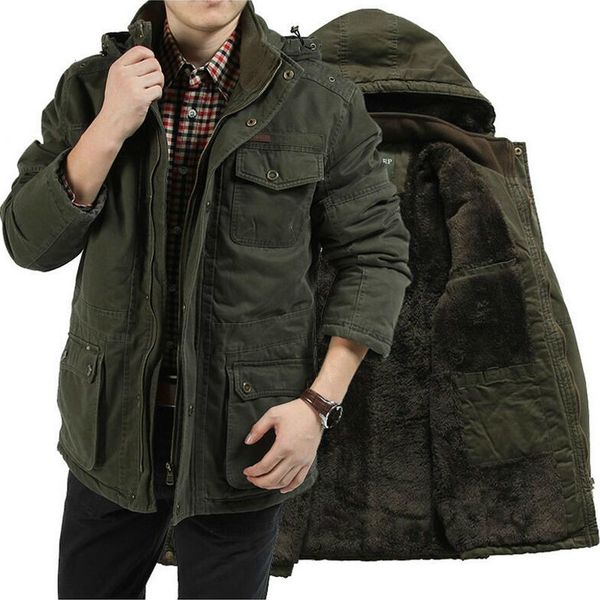 

2021 new plus size 7xl 8xl winter jacket cotton cashmere men casual multi-pockets hooded collar windbreaker parkas d35c, Black