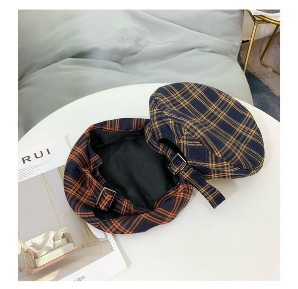 

202011-mokadi autumn spring Britain lattice Academic style pu brim beret hat men women Leisure painter hat1, Blue;gray