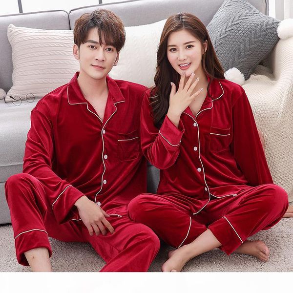 

bzel new couple pajama set velvet pijamas long sleeve sleepwear his-and-her home suit pyjama for lover man woman lovers' clothes, Black;red