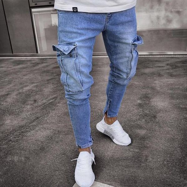 

men's skinny jeans men's jeans trend knee hole hole zipper feet trousers slim elastic washed spring thin section1, Blue