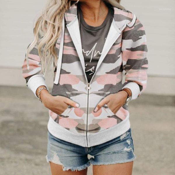 

camouflage printed women hooded coat v neck zipper pocket slim female coats 2021 autumn fashion street casual ladies clothes1, Black;brown